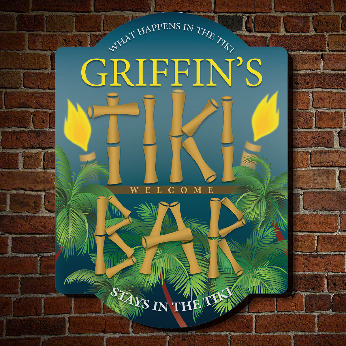 When the sun is setting in the sky, everybody knows it's party time! Especially when you welcome them to your home with our Island Nights personalized tiki bar sign. Featuring a dusk-blue sky lit by fiery tiki torches, this personalized sign for home is a #bar