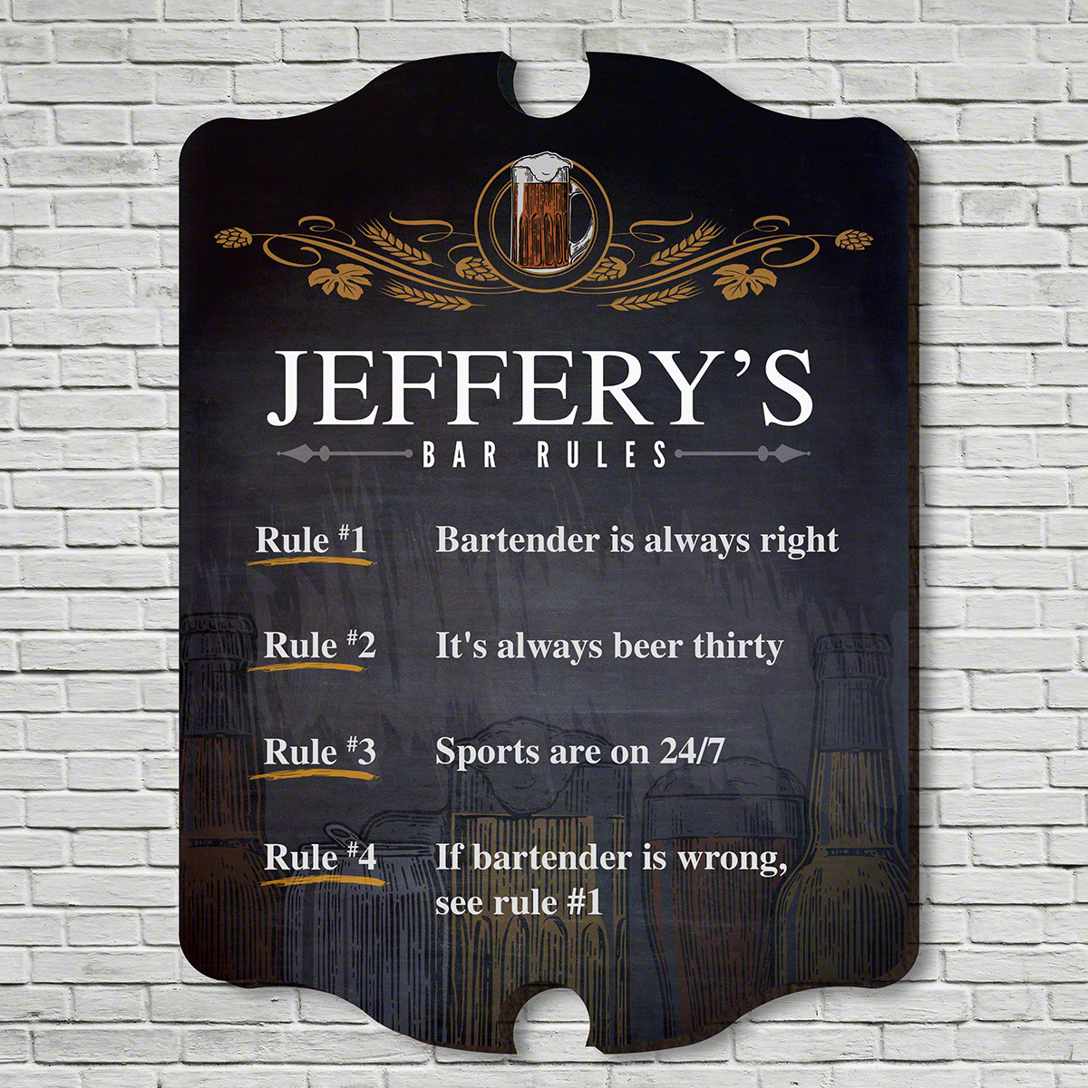 Ensure that a little tomfoolery among friends doesn't get out of hand with this Code of Ethics personalized wooden bar sign. You can engrave your name and 4 of your bar rules to make sure they know who's in charge. Designed to stylishly adorn any man cave #bar