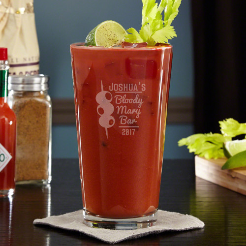 Late night weekend adventures sometimes means that a little hair-of-the-dog the next day is a mandatory antidote. Take brunch cocktail enjoyment up a notch with our bloody mary personalized pint glass, with its retro cursive font, trio of stacked olives, #bar