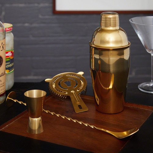 Having a cocktail is something we think ought to be done in style, but without our Ridgemont gold bar tool set, the results might be rather disappointing. This collection of fun bar accessories includes a cocktail shaker, strainer, jigger, and a bar spoon #bar