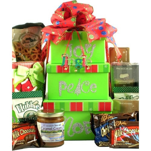 Three holiday-themed gift boxes and a keepsake ornament. Wish them a joyful, peaceful holiday with this cheerful Christmas gift tower filled with an assortment of sweets and more! Each adorable reusable designer holiday box features one these terms: Joy, #gift