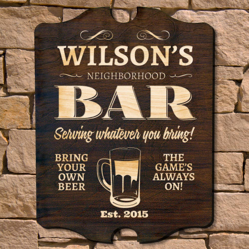 Sometimes you want to go where everybody knows your name! Personalize your home bar in style with our signature series neighborhood bar sign. Our exclusive neighborhood pub signs are handmade of beautiful 1/2" thick pressed Birch wood which is hand-staine #bar