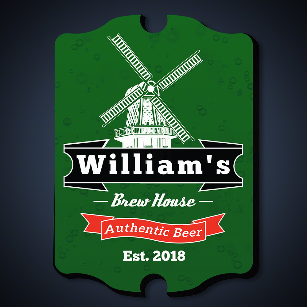 Many people are familiar with the breathtaking windmills that dot the landscape of the Netherlands, and you can bring this beauty to your home with our Dutch Brew House customized bar sign. These personalized pub signs feature the name and year of your ch #bar