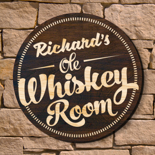 Create your own whiskey oasis in the middle of your home with this handsome personalized man cave sign. Crafted from 1/2 American sourced birch, it is stained in a dark walnut finish for an ultra-refined appearance. With a classic and clean layout, it is #bar