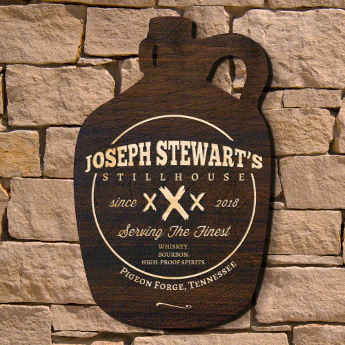 For those daring individuals who reach for something just a tad bit stronger than your average drink, this custom home bar sign is for you. Laser cut into the shape of a traditional moonshine growler, these personalized wooden signs are crafted from Ameri #bar