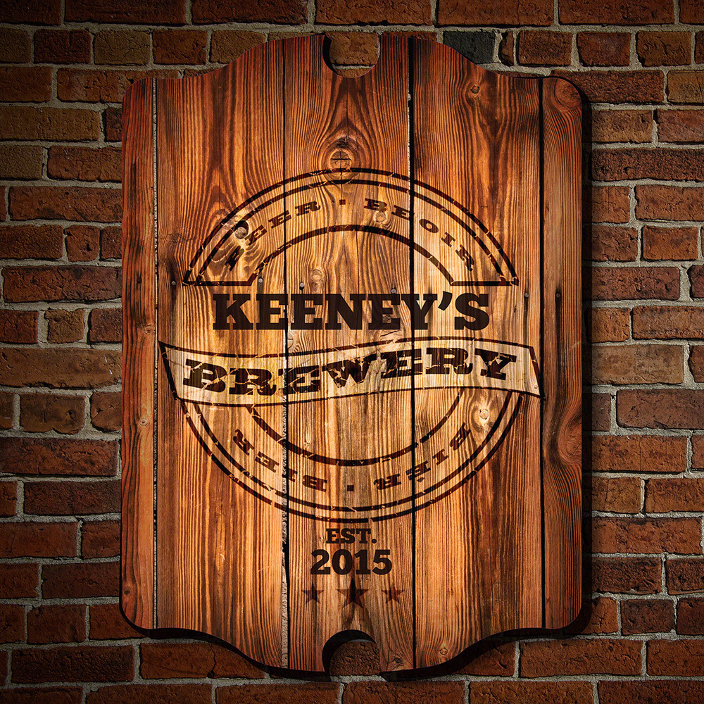 Add a custom style to your home bar or kitchen with our personalized brewery bar sign. This personalized bar sign is custom-made from real birch wood with handsome, quality grain, and printed with our exclusive full color design. Designed to look like rus #bar