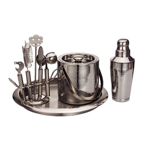 Looking to stock your bar with some quality bar tools but don't want to buy everything piece by piece? This is the set for you. Featuring a handsome hammered stainless steel, this bar set includes everything you need to get started making mixed drinks. Se #bar
