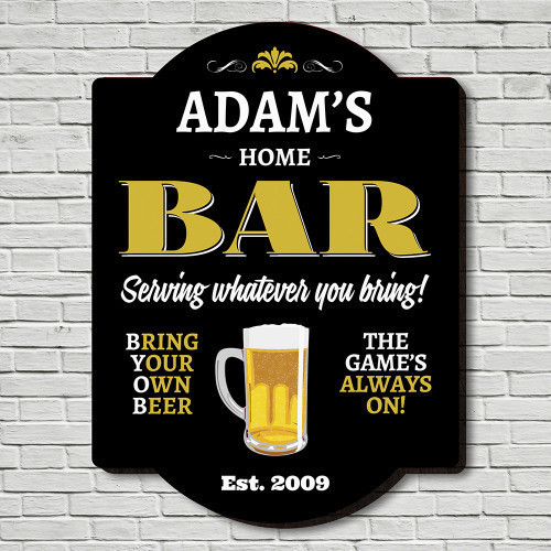 Nothing says welcome to your guests like personalized signs adorning the walls of your man cave. With our Home Bar personalized sign, you can give your man cave decor a customized touch. This personalized man cave sign features a UV protective coasting an #bar