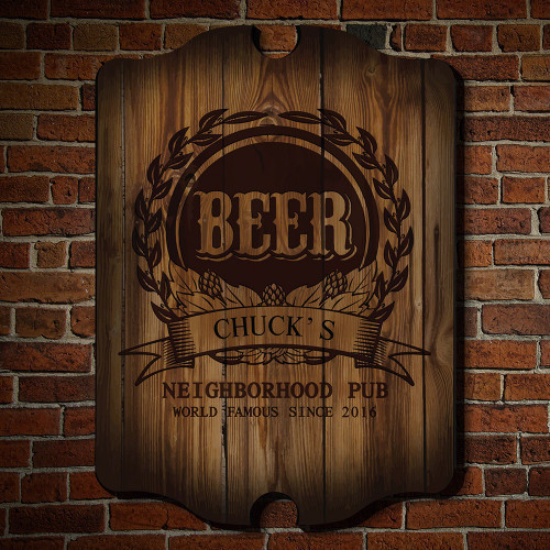 Be a simple kind of man. Here at Homewetbar we like to celebrate tradition. Keep things fuss-free with this personalized rugged beer sign. Imprinted with our Mark of Excellence beer crest, and framed with a garland of barley and hops, this handsome person #bar