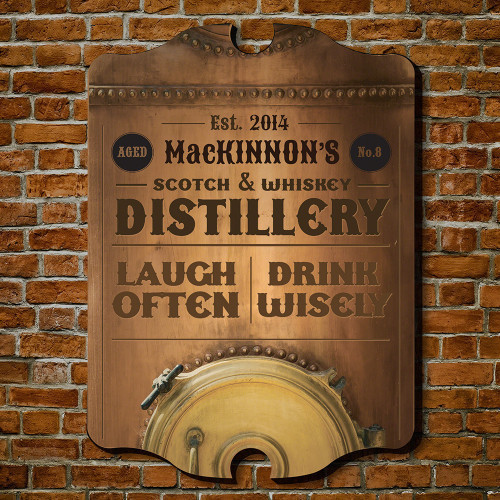 Your home is the best place to enjoy laughter and a good glass of whiskey, so celebrate these great traditions by hanging this personalized bar sign. With a design inspired by the large copper drums found in distilleries, each custom wood sign comes perso #bar