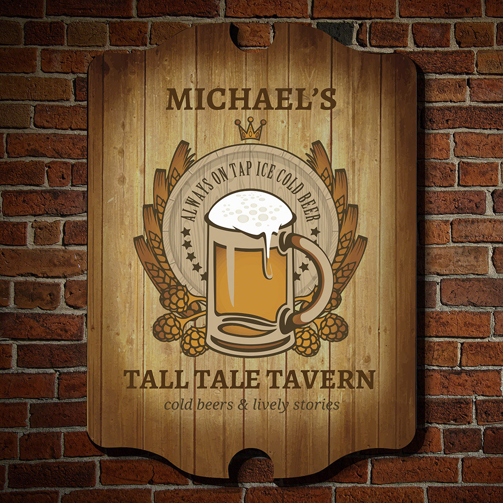 Let all who enter your home bar know that you serve only the finest, and coldest beer with our personalized barley and hops bar sign! Featuring an ice cold beer mug sitting in front of a wooden barrel, framed with a garland of hops and barley, and finishe #bar