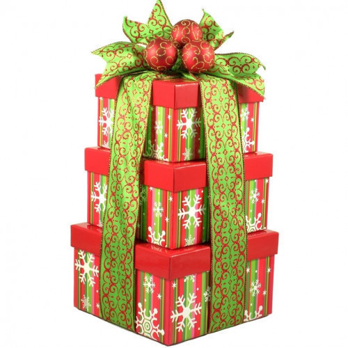 A three snowflake themed gift boxes and a keepsake cheese spreader are sure to delight. This eye-catching tower in traditional Christmas flair is just stunning! It offers a wonderful mix of some of our most popular snacks and sweets! Say Merry Christmas! #gift