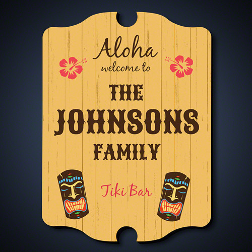 Welcome to the Tiki Bar. Where the rum is on tap, and the torches are always lit! This personalized sign features YOUR custom name or nickname across the top! The medium size measures 15.5" x 11.5" x 0.5" and the large measures 21 x 15" x 0.5". Made of R #bar