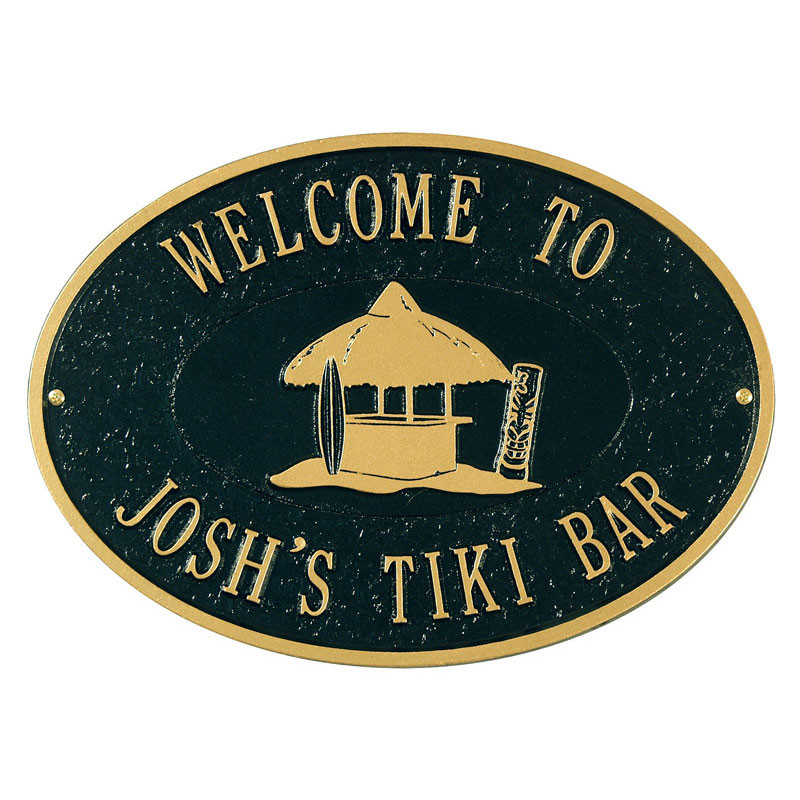 Open up your very own tiki shack and hulu to the music with our personalized tiki bar outdoor plaque. This fun wall plaque is made of rust-free aluminum and features a tiki bar in a rustic black and gold. With the price of the custom metal sign, you can p #bar