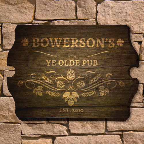 Transform your home bar or man cave into a traditional Irish Pub with our custom Ye Olde Pub bar sign. Embellished with a barley, hop, and shamrock detail, welcome all for fun and pints at your Ye Olde Pub. Coming customized with the name of your choice a #bar