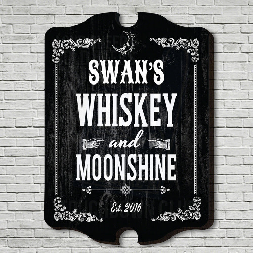 To celebrate your love of the golden age of boozing, proudly display our Whiskey & Moonshine personalized bar sign. Inspired by signs of historic apothecaries, this striking custom sign comes personalized with the name and year of your choice. Use it to m #bar