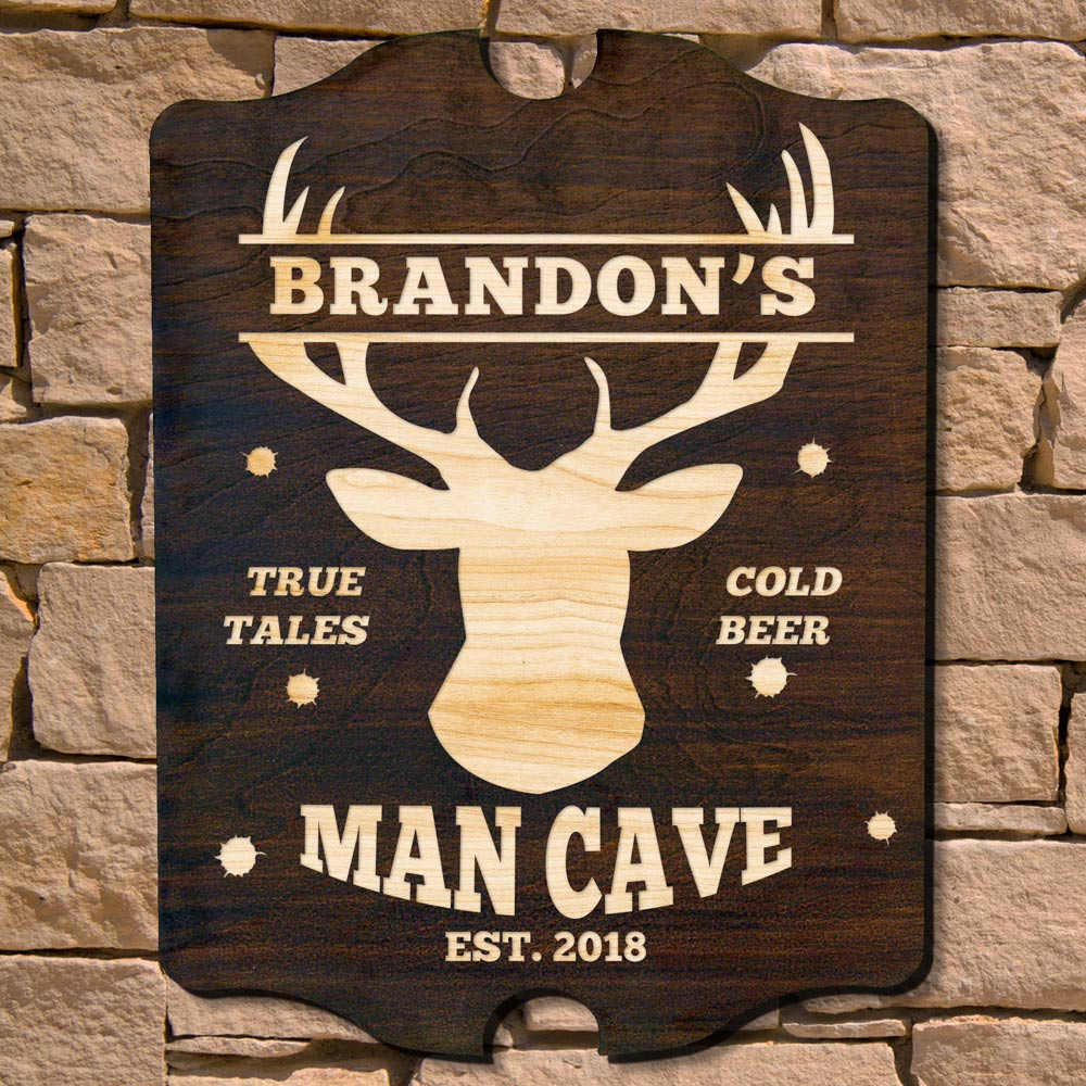 Any respectable man cave should always have ice cold beer and true tales, okay they can be tall tales but we wont tell and neither will this Strong & True personalized bar sign. This handsome man cave decor features a deer head and bullet hole detail, and #bar