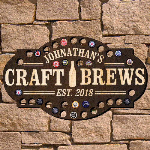 No need to decide between that beer cap map or a custom sign when you can have two in one with our handsome Craft Brews beer cap bar sign. Handcrafted from beautiful 1/2" thick pressed Birch wood it is then stained in a rich brown finish for a refined app #bar