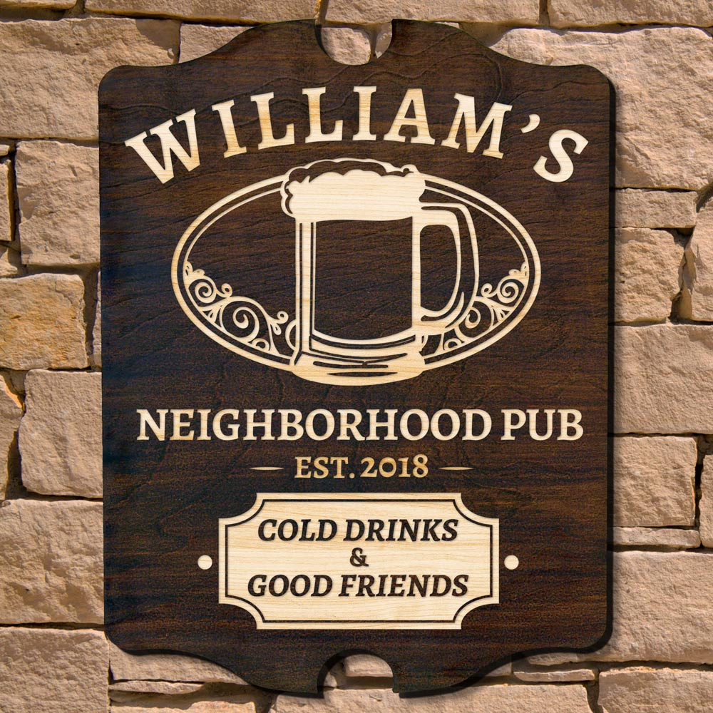 If your home bar serves as the watering hole for all your friends then you deserve the proper decor, courtesy of our Good Friends Gathered custom wall sign. Engraved with the name and year of your choice it also features traditional beer mug graphic and C #bar