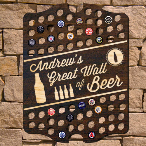 Welcome to the Eighth Wonder of the World, your very own Great Wall of Beer! This exclusive beer cap wall sign is just what your drinking space needs to take it above and beyond. Engraved with the name with of your choice along with Great Wall of Beer tex #bar