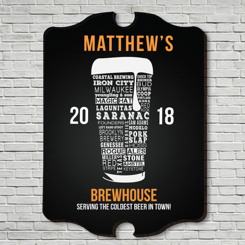 Turn your home bar or man cave into craft beer central with our sleek Modern Craft Beer bar sign. Personalized with the name and year of your choice, it features a pint glass graphic composed of the nations favorite big name and craft beer breweries. Cust #bar
