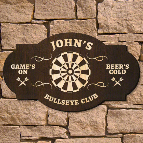 Hit the mark in your man cave decor with our Bullseye Custom bar sign. This handsome bar sign is the perfect touch for every dead eye dart player. Crafted in the heart of Oklahoma, our signature series signs are made of thick birch wood, and stained in #bar