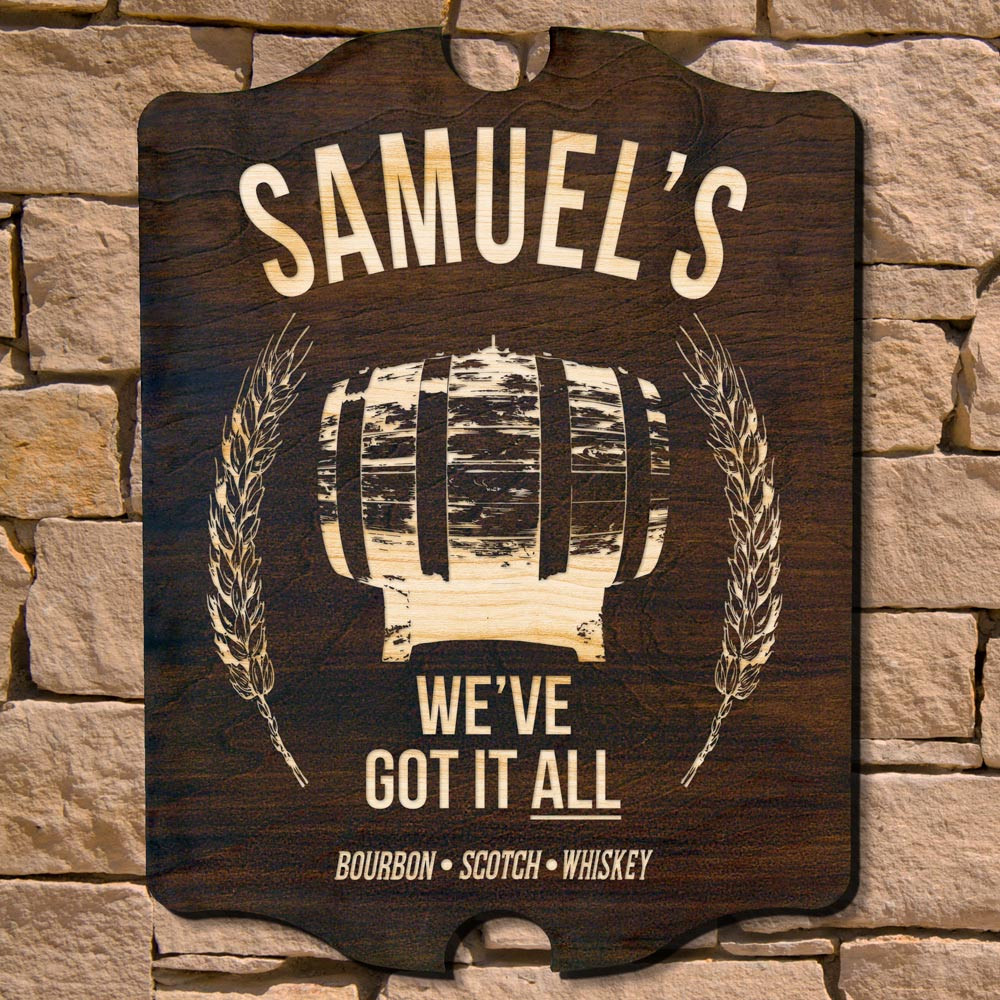 Why single out one kind of malt when you call show off your love for each and every one with our All the Whiskey personalized bar sign. These breathtaking custom pub signs are cut from smart-looking 1/2" thick pressed birch wood, which is stained by han #bar