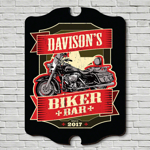 Perfect for any bike enthusiast, this biker bar sign comes with a UV protective finish featuring a motorcycle centered in front of a star for that classic appeal to your home bar or hangout. This custom sign includes your name of choice and date of establ #bar