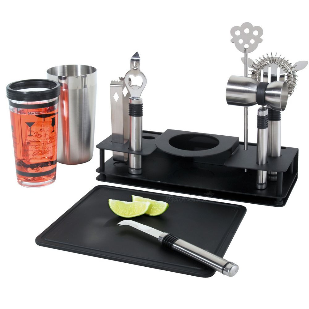 Set your bar and get started making drinks and having fun in no time with this pro shaker bar set. This metropolitan 10-piece 8/18 stainless steel bar set includes a bottle/can opener, ice tongs, two tone pro shaker with 5 cocktail recipes and slip free g #bar