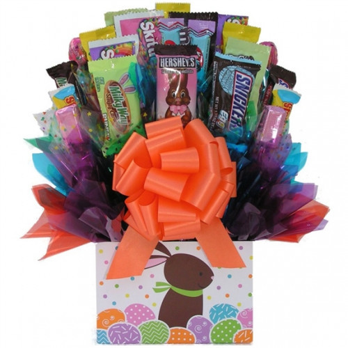 Packaged Candies Arranged to Look Like a Flowers - The Easter Bunny is ready to hop in and deliver an Easter Candy Bouquet to your friends or family. This gift box features candies for everyone in the family or your office staff. Professional floral desig #bar