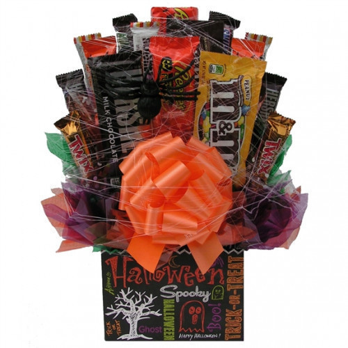 A Box of Creepy Chocolate Treats - This Halloween themed box is stuffed with wrapped candy bars arranged like flowers. It is topped off with an orange bow, spider webs and spider pics which make it look like spiders are crawling over the the box. This gif #bar