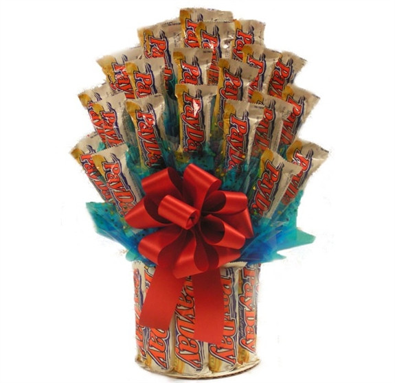 Candy Lovers will hit pay dirt with this gift which is available in 2 sizes! This candy bouquet celebrates the delectable treat of Pay Day Candy Bars. Starting with a vase made up of these gooey peanut treats, this bouquet is then load with smaller Payday #bar