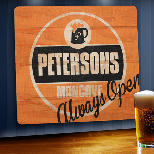 Always open for a party or a drink? Personalize a custom painted, real wood sign for the home bar, den, garage, pool room or man cave that never shuts down. Personalize signs for groomsmen, frat brothers or college grads for a unique gift to hang up in th #bar