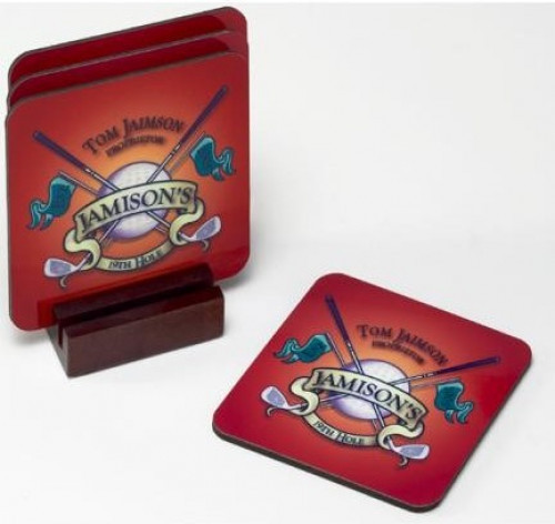 Personalized waterproof coaster set - The wine enthusiast or home bartender will appreciate these richly detailed, waterproof coasters, which reflect his fave activity from golf to hunting and beyond. Personalized design is printed in full color onto a no #bar