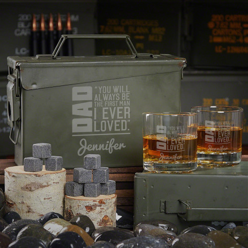 No one has been able to measure up to your father, but he can be impossible to find a gift for. Thatâ€™s why this To Dad From Daughter Gift of a custom 30-caliber ammo can is something heâ€™ll love and never expect. Packed with a pair of engraved whiskey #gift