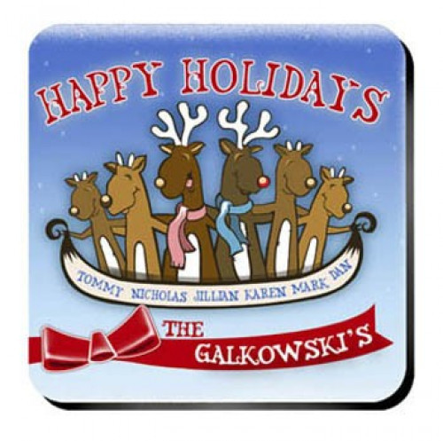 Personalize a coaster set in a design to match the recipient. An affordable lasting functional gift. Sleigh in the holiday season in style with our Holiday Reindeer Coasters. This family Christmas gift includes each family members' name making it a truly #bar