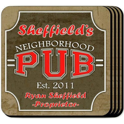 Make anyone feel at home when they set their drink down on these personalized Neighborhood Pub coasters. These make a great gift for anyone who loves to entertain! The coasters are made with non skid cork bottoms, and the image is printed in beautiful co #bar