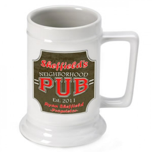 A great gift for the entertainer, this personalized Neighborhood Pub Beer Stein helps him to always keep track of his beverage! Whether he is spending time by the barbecue, in the game room or relaxing in the den, this ceramic mug will be a great treat! T #bar