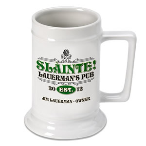 Our Slainte Classic Beer Stein is a great addition to any collection that can be displayed, or better yet, used! Personalized with first name, last name and year, he can add this stein to any collection. However, the ceramic mug is dishwasher safe and c #bar