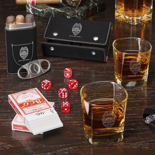 Thereâ€™s nothing like a good old fashioned game of Poker Dice or Wichita with the family after a long day on the job. This cool personalized whiskey and cigar gift set is a great gift for police officers to relax with after work. He and his partner can k #gift