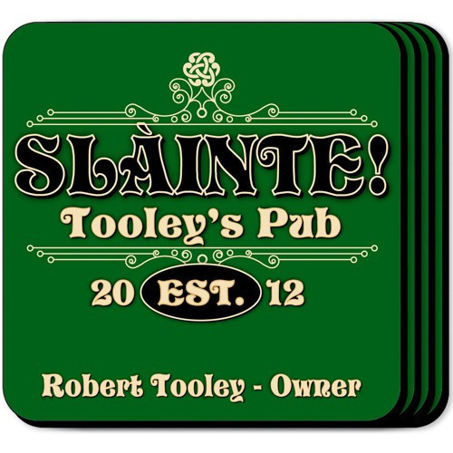 A classic coaster set, this Slainte design makes a nice addition to his den or bar. He can proudly set his stein on this coaster, made with a cork base to avoid skidding. Set includes a storage caddy and free personalization. You can add his first name, #bar