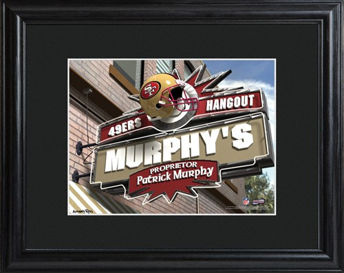 This NFL framed print features a photo of the San Francisco 49ers logo as a sign for a local pub and includes a name of your choice as the owner of the bar. - Give the NFL football fan in your life a personalized officially licensed NFL San Francisco 49er #bar