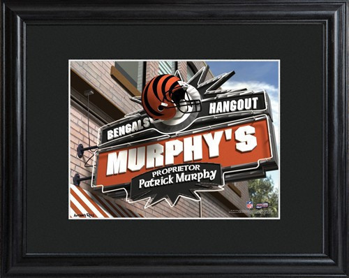 This NFL framed print features a photo of the Cincinnati Bengals logo as a sign for a local pub and includes a name of your choice as the owner of the bar. - Give the NFL football fan in your life a personalized officially licensed NFL Cincinnati Bengals #bar