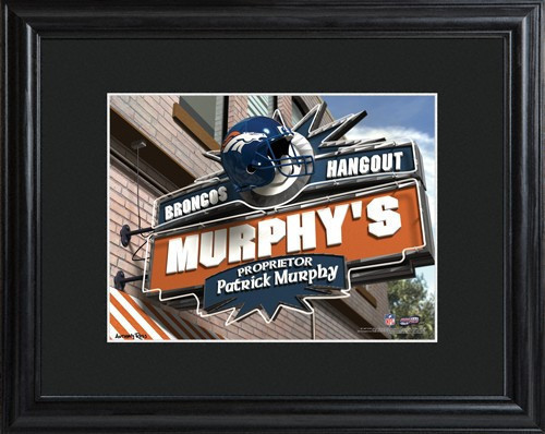 This NFL framed print features a photo of the Denver Broncos logo as a sign for a local pub and includes a name of your choice as the owner of the bar. - Give the NFL football fan in your life a personalized officially licensed NFL Denver Broncos Pub Sign #bar