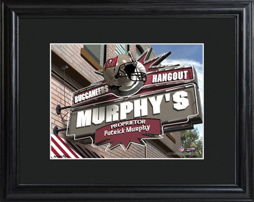 This NFL framed print features a photo of the Tampa Bay Buccaneers logo as a sign for a local pub and includes a name of your choice as the owner of the bar. - Give the NFL football fan in your life a personalized officially licensed NFL Tampa Bay Buccane #bar