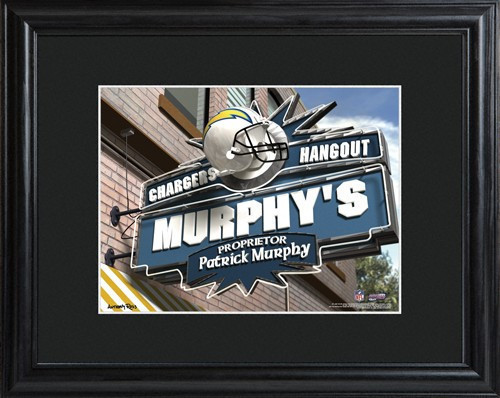 This NFL framed print features a photo of the San Diego Chargers logo as a sign for a local pub and includes a name of your choice as the owner of the bar. - Give the NFL football fan in your life a personalized officially licensed NFL San Diego Chargers #bar