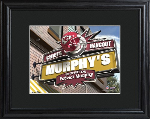 This NFL framed print features a photo of the Kansas City Chiefs logo as a sign for a local pub and includes a name of your choice as the owner of the bar. - Give the NFL football fan in your life a personalized officially licensed NFL Kansas City Chiefs #bar