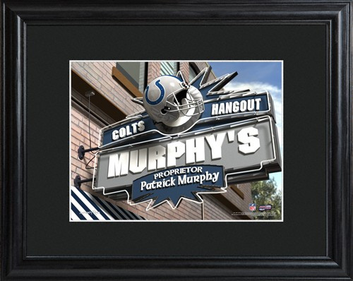 This NFL framed print features a photo of the Indianapolis Colts logo as a sign for a local pub and includes a name of your choice as the owner of the bar. - Give the NFL football fan in your life a personalized officially licensed NFL Indianapolis Colts #bar