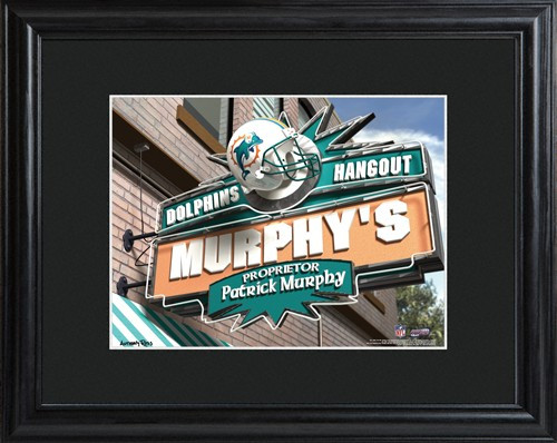 This NFL framed print features a photo of the Miami Dolphins logo as a sign for a local pub and includes a name of your choice as the owner of the bar. - Give the NFL football fan in your life a personalized officially licensed NFL Miami Dolphins Pub Sign #bar