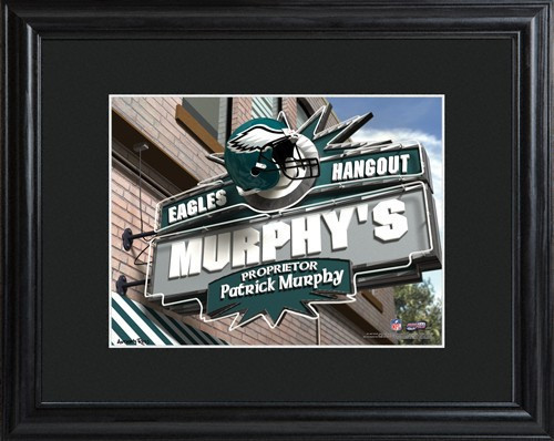 This NFL framed print features a photo of the Philadelphia Eagles logo as a sign for a local pub and includes a name of your choice as the owner of the bar. - Give the NFL football fan in your life a personalized officially licensed NFL Philadelphia Eagle #bar